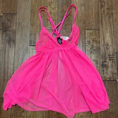 Nwt Top Only Pink Neon Babydoll/Lingerie Top Approximate Neasurements Laid Flat: Waist: 11.5in. (Stretches Out To Approximately 13 In.( Full Length; 25.5in Victoria's Secret Lace Sleepwear With Built-in Bra, Flirty Victoria's Secret Sleepwear, Pink Camisole For Nightwear, Pink Sheer Party Sleepwear, Pink Camisole With Built-in Bra For Bedtime, Summer Sheer Underwire Sleepwear, Flirty Pink Sleepwear For Night, Pink Sheer Lace Sleepwear, Flirty Camisole For Beach