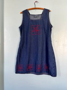 "Vintage denim blue jean jumper tank dress Denim summer dress Cute summer embroidery Resortwear swimsuit cover up Beach or poolside dress cover up 100% cotton lightweight denim Square Neck Magic Brand Size Large Measurements approximately when laid flat Chest 20\" (40) Shoulders 15\" Length 33 1/2\"  Vintage Pre Owned Condition Smoke free studio" Sleeveless Denim Blue Dress For Beach, Fitted Cotton Denim Dress For Summer, Fitted Summer Denim Dress, Indigo Bohemian Denim Dress For Summer, Bohemian Indigo Denim Dress For Summer, Summer Denim Dress For Beach In Spring, Summer Denim Blue Cotton Denim Dress, Fitted Cotton Denim Sundress, Summer Denim Cotton Dress In Denim Blue