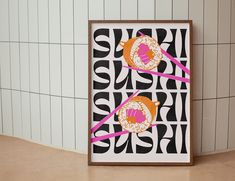 there is a poster on the wall with donuts in pink and black colors,