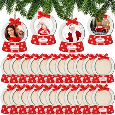 a christmas ornament with red ribbon and pictures