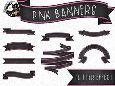 pink banners and ribbons are on the white background with damaske designs in black