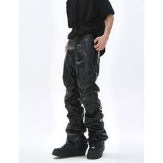 Niche Punk Pu Leather Pants  Material: PU  Size: S, M, L, XL Color: Black  Season: Spring, Fall,   Occasion: Leisure, Outdoor, Daily, Vacation,Fall Outfits Faux Leather Pants For Streetwear, Fitted Faux Leather Pants For Streetwear, Black Grunge Bottoms For Concert, Black Stretch Pants For Halloween, Black Fitted Punk Bottoms, Fitted Black Punk Bottoms, Baggy Punk Bottoms For Concert, Black Rocker Bottoms For Alternative Fashion, Black Punk Pants For Halloween