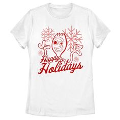 a white t - shirt with the words happy holidays written in red and snowflakes