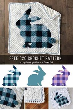 a crocheted blanket with an image of a rabbit on it and the text, free c2c crochet pattern