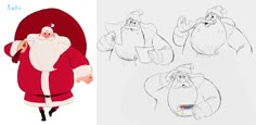 a drawing of santa claus with different poses and expressions for the animated film, how to draw santa claus