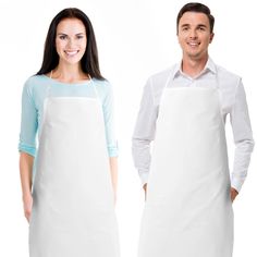 man and woman in white aprons standing next to each other