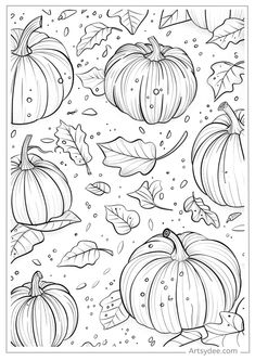 a coloring page with pumpkins and leaves