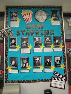 a bulletin board with pictures and movie stars on it that says show starting in front of them