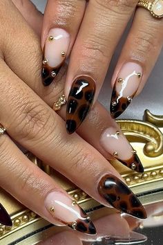 Fall Nails With Pearls, Black Nails With Cheetah Accent Nail, Dark Cheetah Print Nails, Short Dark Almond Nails, Coffin Leopard Nails, Red And Tortoise Nails, Tortuous Shell Nails, Fall Medium Nails, Nail Ideas Leopard Print