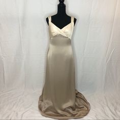 Excellent Condition Gown By Belsoie Gorgeous Satin Gown Features Zipper Closure, Small Train, Draped Back And Empire Waist. Reasonable Offers Welcome Fitted Cream Satin Evening Dress, Cream Satin Fitted Evening Dress, Fitted Cream Satin Maxi Dress, Formal Cream Dress With Sweep Train, Cream Satin Floor-length Gown, Cream Satin Floor-length Evening Dress, Formal Beige Satin Gown, Formal Beige Bias Cut Dress, Beige Bias Cut Formal Dress