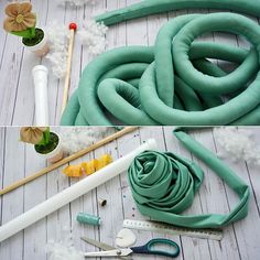 two pictures showing how to make an inflatable flower vase with flowers and scissors