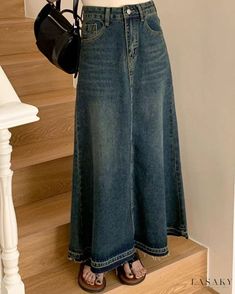 Lasaky - Evon Vintage-Inspired Indigo High Waist Denim Maxi Skirt Repurpose Old Jeans, Jeans Long Skirt, Long Jean Skirt, Polyester Skirt, Umbrella Skirt, High Waist Denim, Denim Maxi, Retro Blue, Denim Maxi Skirt