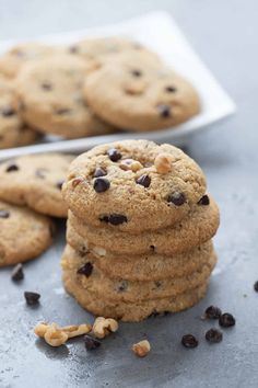 chocolate chip cookies stacked on top of each other