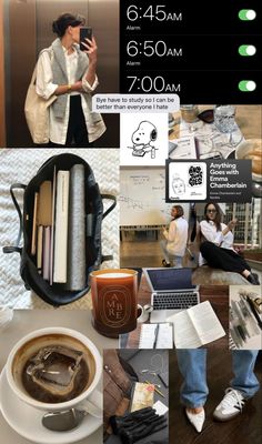 a collage of photos with coffee, books and other things on it that include an image of a woman taking a selfie