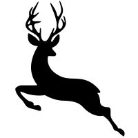 a black and white silhouette of a deer jumping in the air with antlers on its back