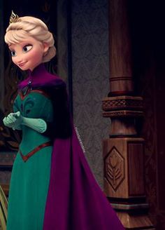 the frozen queen is dressed in green and purple