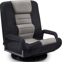 a black and grey office chair with an arm rest on top of the backrest