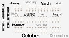 a calendar with different months and dates in black, white and grey colors on it