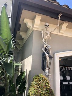 a skeleton hanging from the side of a building