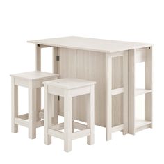 a white table with two stools next to it