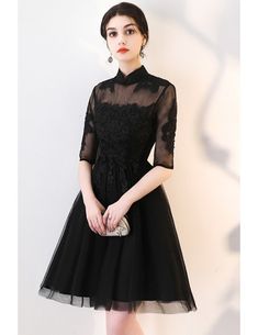 Retro Little Black Lace Homecoming Party Dress with Collar #MXL86057 - GemGrace.com Simple Dinner Dress Evening, Dinner Dress Evening Short, Simple Dinner Dress, Sheer Prom Dress, Dress With Sheer Sleeves, Dress Craft, Black Collared Dress, Dress With Collar, Homecoming Party