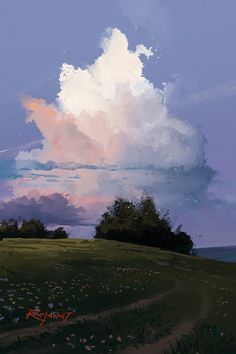 an oil painting of clouds over a grassy hill with trees and flowers in the foreground