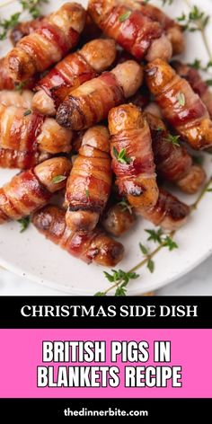 christmas side dish british pigs in blankets recipe on a white plate with text overlay