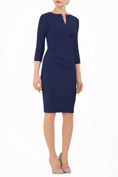 Women' Business Donna 3/4 Sleeve Dress - Navy NORA GARDNER | OFFICIAL STORE for work and office Pencil Dresses Work, Navy Office, Black Pencil Dress, Hourglass Silhouette, Dress For Work, Updo Hairstyle, Pencil Skirt Dress, Empire Waistline, Office Dress