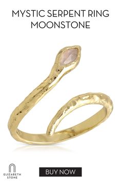 Have no fear; the Mystic Serpent Ring brings only good feelings as it wraps around your finger! An organic shape, flicked tail, and gemstone eye make this ring a memorable keepsake piece.14k gold plated brass with genuine moonstone Gold Stackable Moonstone Ring For Promise, Mystical Adjustable Moonstone Ring For Anniversary, Adjustable Ethereal Gemstone Rings, Hand Forged Gold Moonstone Rings, Adjustable Moonstone Promise Ring, Adjustable Open Moonstone Promise Ring, Ethereal Gold Ring Perfect As Gift, Mystical Gold Jewelry For Promise, Mystical Gold Jewelry For Anniversary