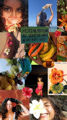 a collage of photos with flowers, fruit and woman's face in the background