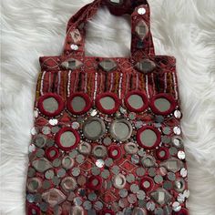 Moyna Silk, Beaded, Mirrors And Embroidered Bag. Never Used Measures 7” Wide X 7 3/4” Long Straps Are 4” Bohemian Multicolor Bags With Mirror Work, Vintage Multicolor Beaded Evening Bag, Silk Bag, Embroidered Bag, Bag Lady, Silk, Red, Women Shopping, Silver