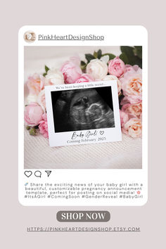 the birth announcement is displayed with pink flowers and a baby's photo on it