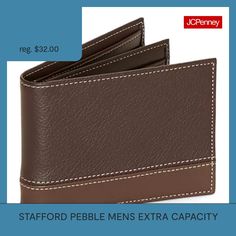 This Stafford men's bifold wallet is a sleek everyday style with extra storage capacity to stow all your small essentials. It's made from 100% leather with a glossed finish, contrast stitching, and multiple slots to hold your cards, cash, and an ID card. Wallet Type: BifoldFeatures: Extra CapacityCard Capacity: 10 SlotsClosure Type: Fold OverMeasurements: 3.1 Width/Inches, .8 Depth/Inches, 3.9 Length/InchesBase Material: 100% LeatherFabric Description: LeatherCare: Wipe CleanCountry of Origin: … Durable Bifold Wallet For Everyday Use, Casual Everyday Trifold Wallet, Bifold Wallet Men, Wristlet Wallet, Bifold Wallet, Small Accessories, Extra Storage, Everyday Style, Card Wallet