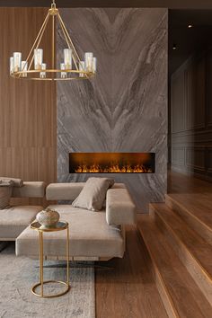 a living room with a couch, chair and fire place in the fireplace that is built into the wall