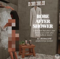 a woman in a bath room next to a shower with the words robe after shower