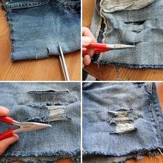 four pictures showing how to cut holes in the jeans with scissors and pliers,