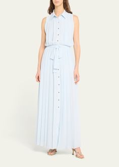 Blue A-line Midi Dress With Buttons, Blue Button-up Maxi Dress, A-line Beach Midi Dress With Button Closure, Luxury Blue A-line Maxi Dress, Blue Button-up Cotton Midi Dress, Ramy Brook, Sash Belts, Sash Belt, Pleated Maxi