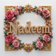 the word naddem spelled in gold letters surrounded by pink flowers