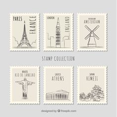 stamps with the famous landmarks in different styles and sizes, including the eiffel tower