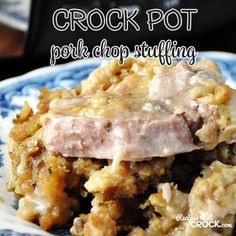 crock pot pork chop stuffing on a blue and white plate with text overlay