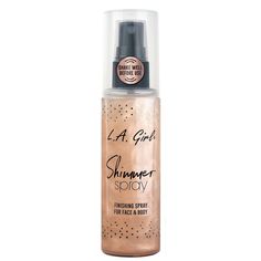 Give your skin the glow-up it deserves! The L.A. Girl Shimmer Spray has micro-fine pearlescent shimmer that gives you a gorgeous summertime glow all year round. Lightly mist over makeup or bare skin to add a dewy, radiant sheen as if you just spent a day at the beach. If you are the one that always wants to do the most, try the shimmer spray as a glistening body spray too! Just shake the bottle, spritz anywhere you want to shine, and let it dry down. The shimmer is buildable, so layer it on reac Shimmer Spray, La Girl Cosmetics, Look Rose, Shake Bottle, Lip Scrubs, The Glow Up, Cheap Makeup, Finishing Spray, Makeup Setting Spray