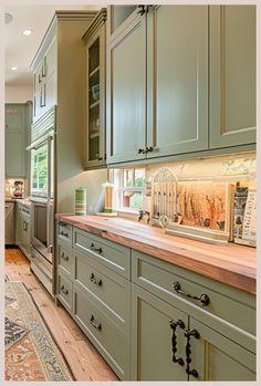 a large kitchen with green cabinets and wood counter tops, along with an area rug on the floor