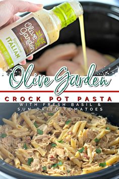 the crock pot pasta is being poured with olive garden dressing