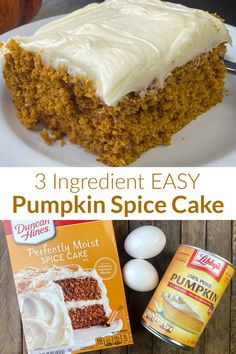 Collage of cake and 4 ingredients in easy pumpkin spice cake Easy Pumpkin Spice Cake, Spice Cake Mix Recipes, Pumpkin Spice Cake Recipe, Spice Cake Recipe, Pumpkin Dump Cake Recipe, Spice Cake Mix And Pumpkin, Dump Cake Pumpkin, Spice Cake Recipes