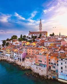 an aerial view of the old city and its colorful buildings in rovini, croatia