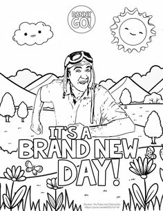 a coloring page with a man in the background and an advertisement for brand new day