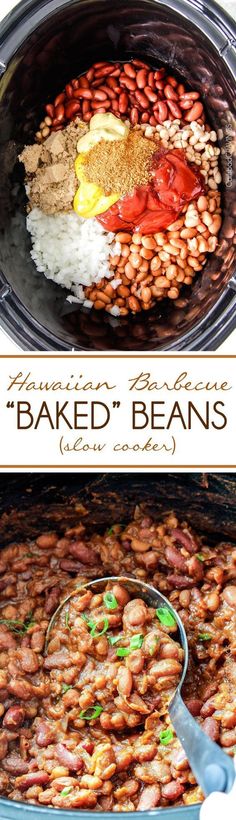 baked beans and rice in a slow cooker with the words baked beans above it