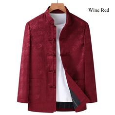 This traditional tang jacket is made from brocade fabric, features mandarin collar and frog buttons. Its perfect for wedding , tea ceremony and any other special occasions. Please refer to the size chart in the picture, .Please note the size is CN size which is different to US/EU/AU sizes . Please leave your weight, height and chest measurement in Personalisation box so we could double check the size for you. Winter Brocade Outerwear With Long Sleeves, Long Sleeve Brocade Outerwear For Winter, Elegant Red Outerwear With Stand Collar, Elegant Ceremonial Nehru Jacket With Stand Collar, Traditional Outerwear With Stand Collar And Button Closure, Ceremonial Stand Collar Outerwear For Winter, Ceremonial Winter Outerwear With Stand Collar, Traditional Nehru Jacket With Stand Collar, Traditional Stand Collar Blazer For Fall