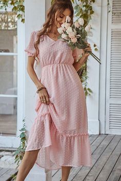 Ruffle Midi Dress, Ruffles Fashion, Midi Short Sleeve Dress, Ruffle Hem Dress, Flounce Sleeve, Pink Midi Dress, Line Dress, Sleeve Midi Dress, Swiss Dot