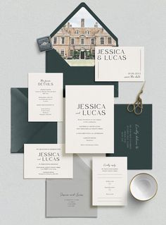 Jessica wedding invitation suite. Jessica is one of our modern, semi-custom suites. This means that while colours can be amended, the rest of the suite design cannot (this excludes any add ons, such as custom envelope liners, wax seals etc). The suite will arrived completely assembled, and inside the envelopes, meaning all you need to do is address and post them to your guests. To purchase additional inserts, follow the below link: https://www.etsy.com/uk/listing/1438800523/add-on-additional-ext Full Wedding Invitation Suite, Wedding Invitations Classic, Modern Invitation Suite, Green Wedding Invitation Suite, Wedding Invitation Suites, Wedding Invitation Suite Vellum, Modern Wedding Invitation, Modern Simple Wedding Invitations Green, Envelope Liner